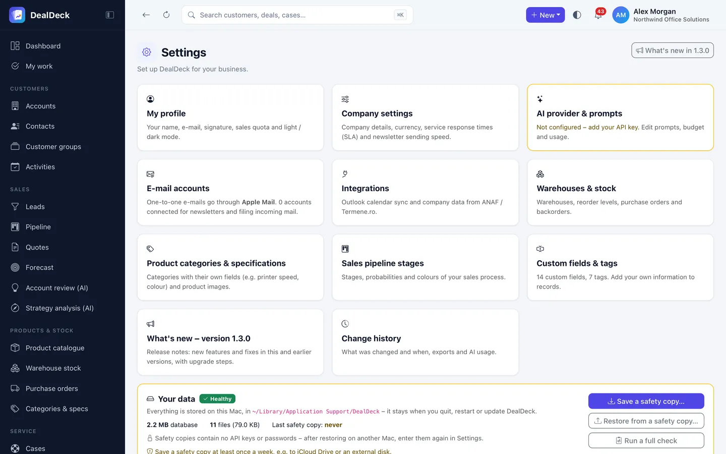 Your data panel in DealDeck settings